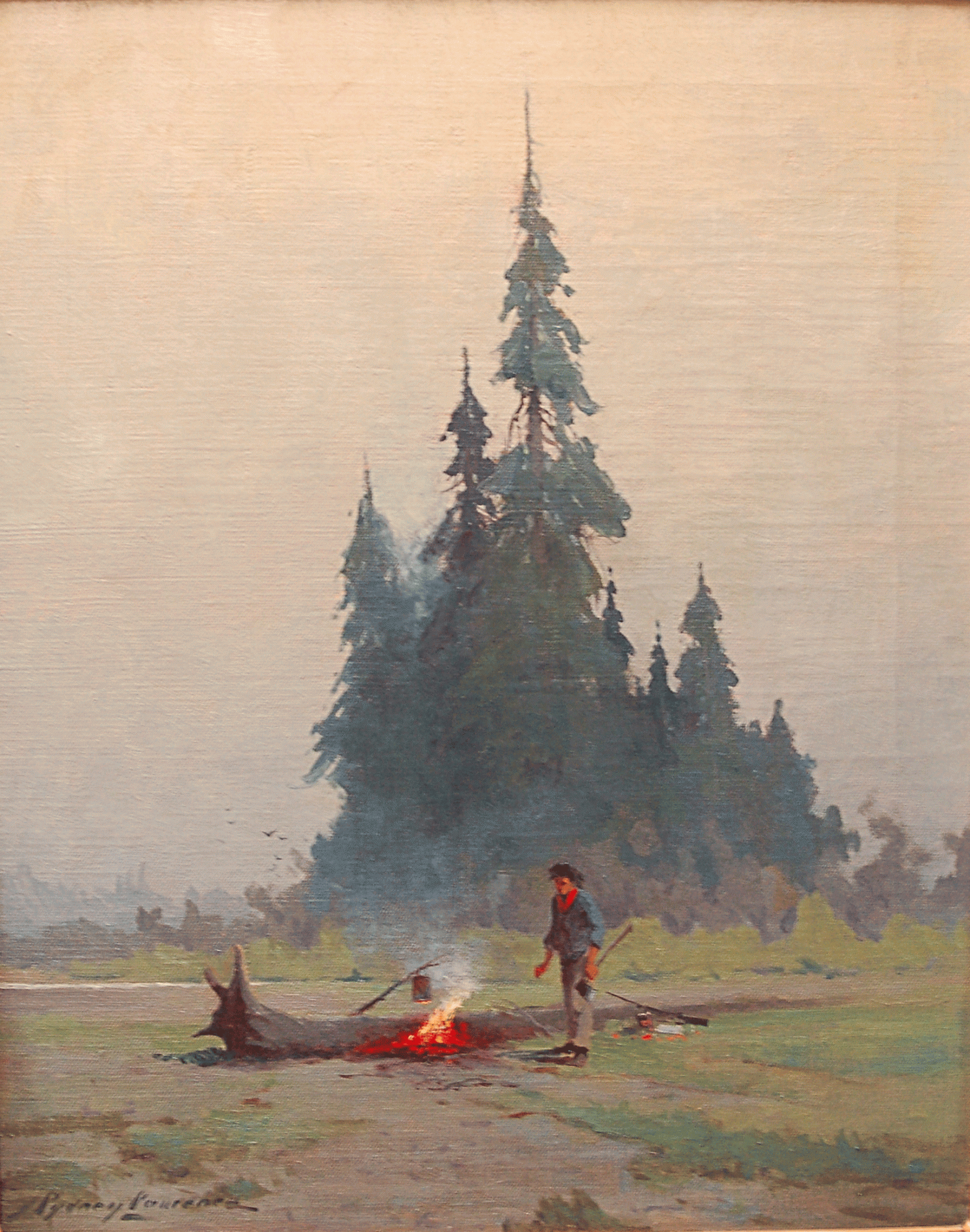 A painting of a man standing near a campfire in Alaska
